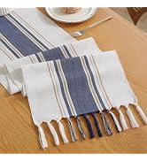 Niviy Blue Table Runner 72 Inches Long with Tassels, Seasonal Summer Washable Embroidered Striped...