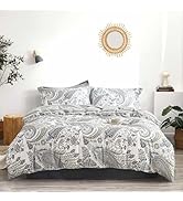 LEMIROE Vintage 100% Cotton Floral Duvet Cover Queen Size 3PC - Luxurious Paisley on White with M...