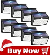Eight black outdoor solar lights with motion sensors. 'Buy Now' button with shopping cart icon in bottom right corner.
