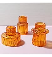 Ni-JASW Amber Gold Ribbed Glass Taper Candle Holders, Candlestick Tea Votive Candle Holders for T...