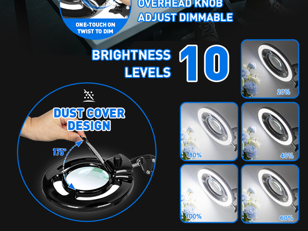 Color brightness rotary lighting adjustment magnifying glass light lamp 6000K 2,200 lumens