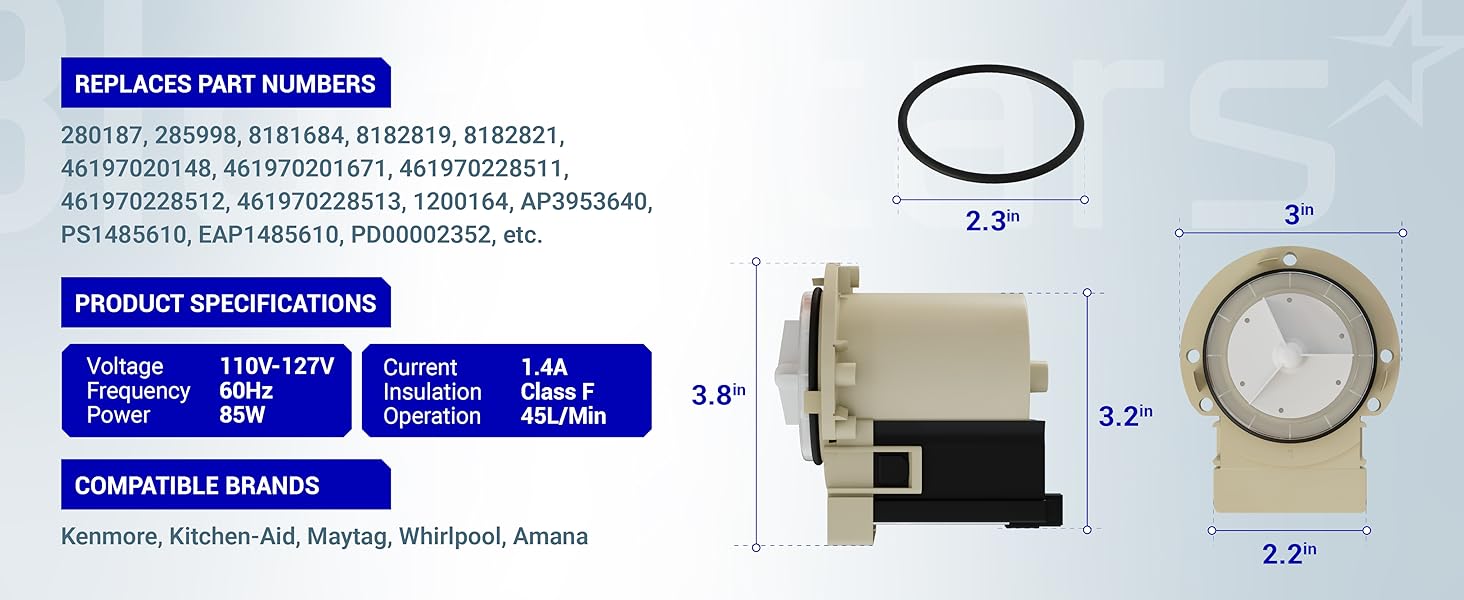 kenmore he3t drain pump 280187 8181684 washer ap3953640 27122 461970201671 ghw9100lw1 wpl-280187