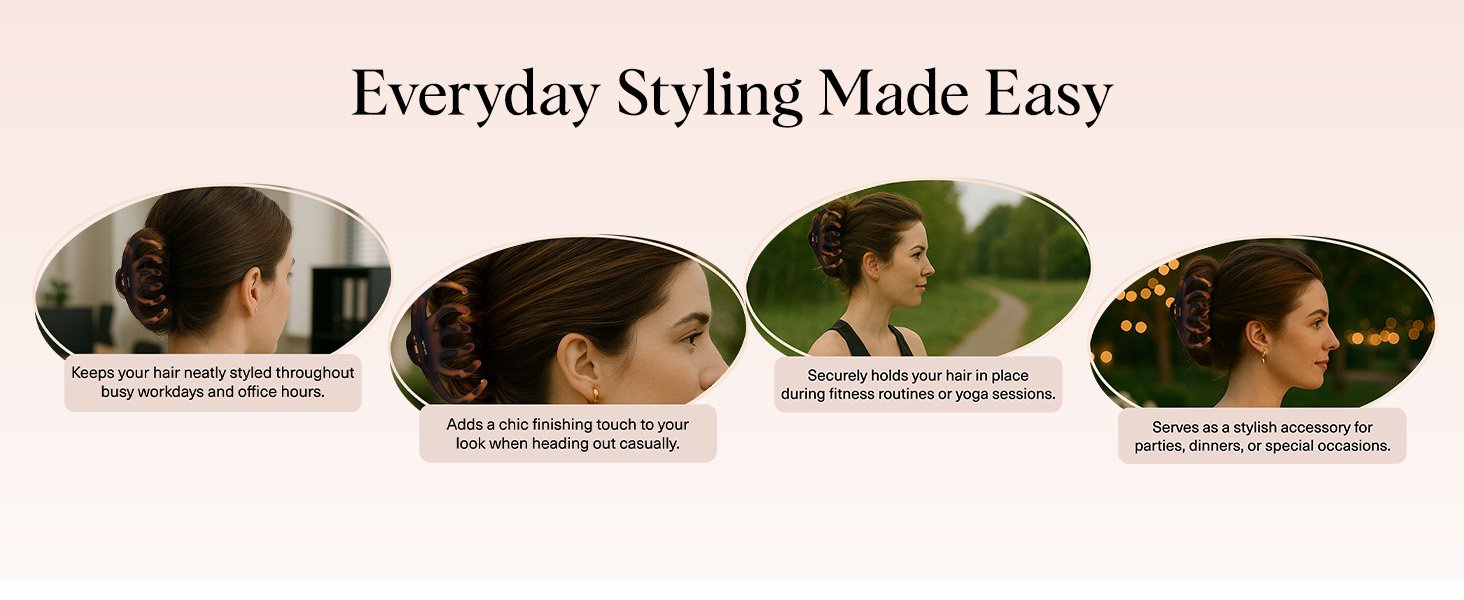 Text reads 'Everyday Styling Made Easy'. Series of instructional photos showing hair styling demonstrations on a light pink background.