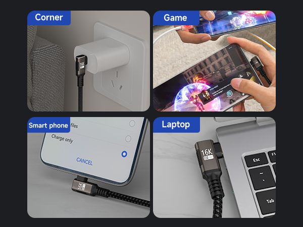 Right-angle cable, usable in corners