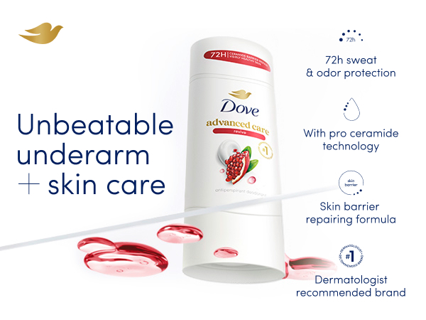 Dove's Advance Care Revive antiperspirant stick next to product's benefits.