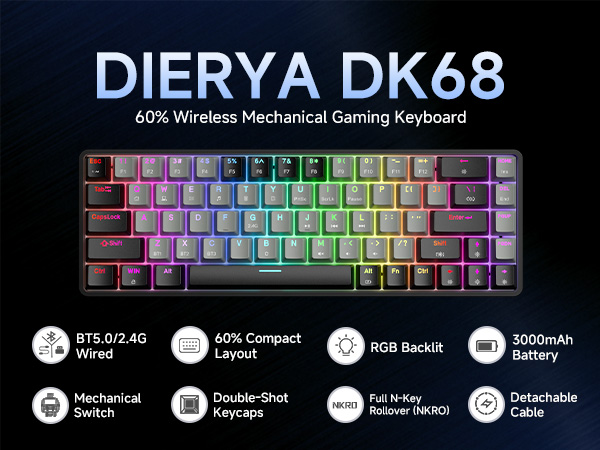 Text reads 'DIERYA DK68' and '60% Wireless Mechanical Gaming Keyboard'. Compact keyboard with RGB backlit keys and technical specifications icons below.