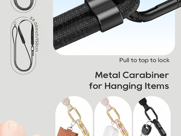 Text reads 'Metal Carabiner' and 'Pull to top to lock' and 'For Hanging Items'. Product images showing metal carabiner clips in silver and gold finishes with locking mechanism demonstration.
