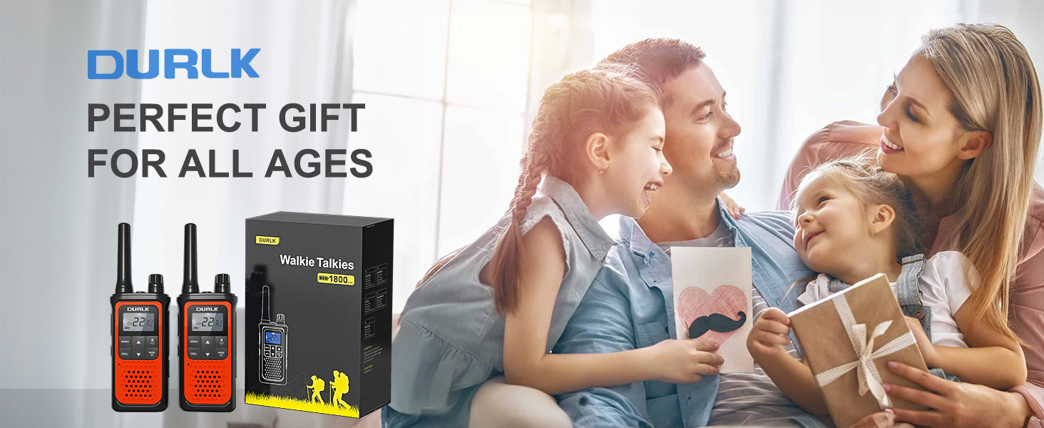 A family of four with smiles on their faces received a gift of DURLK 2 pack walkie talkies all ages