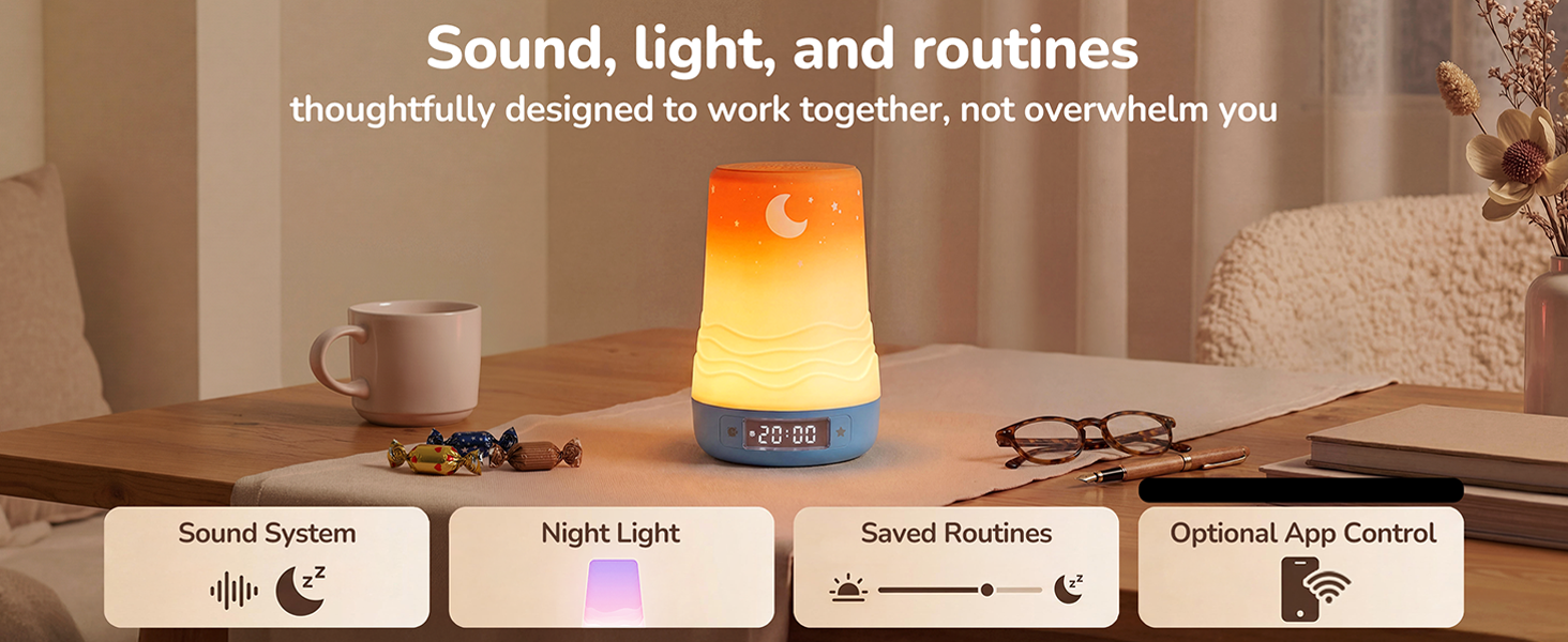 Your Sound + Light Sleep System 100 sounds, 360° light, and guided routines in one device