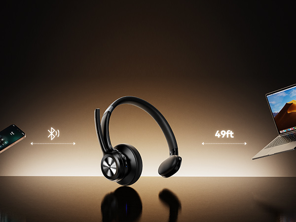 Series of product shots showing wireless headphones with Bluetooth and 49ft range indicators, displayed against gradient brown background with minimalist lighting.