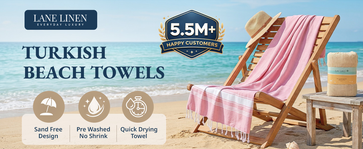 Lane Linen Turkish Beach Towels - Sand Free, Pre-Washed and Quick Drying