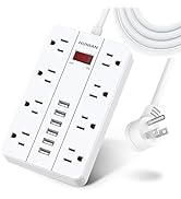 Power Strip Surge Protector with 6 USB,HUNIAN 5 Ft Extension Cord Flat Plug with 8 Widely Spaced ...