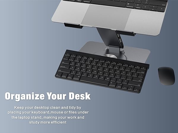 Sturdy laptop stand with storage for keyboard and mouse