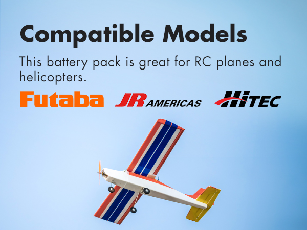 This battery pack is compatible with RC planes and helicopters from Futaba, JR Americas, and Hitec