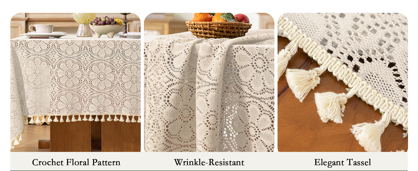 Boho Crochet Tablecloth Rectangle FarmhouseEmbroidered Cotton Tassels Vintage Floral Wedding Holiday