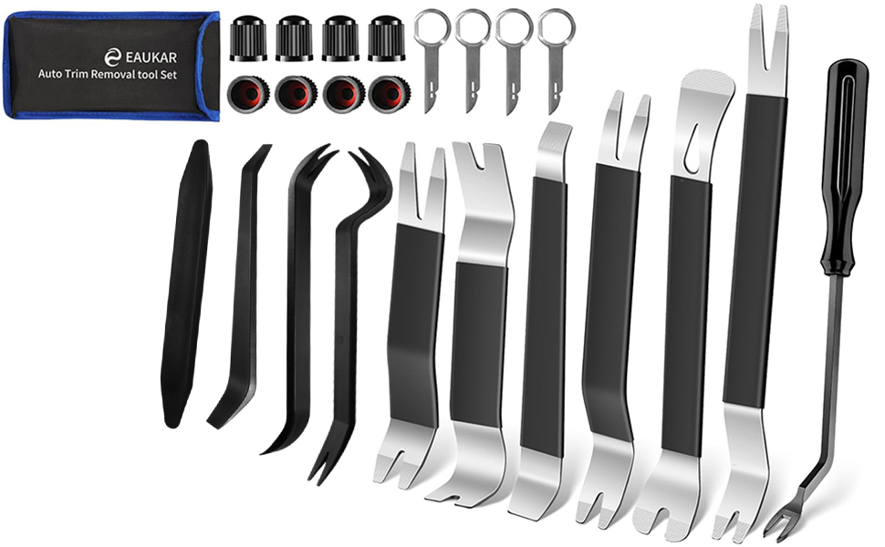 Set of black and silver automotive trim removal tools, including various pry bars, hooks, and wedges