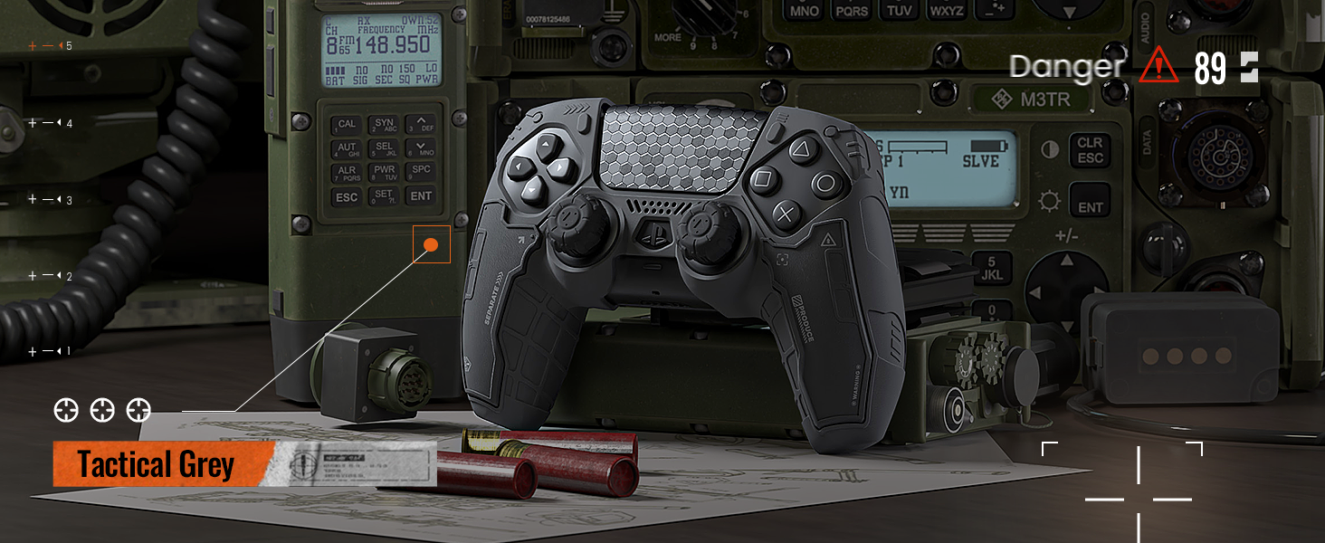 Text reads 'Tactical Gray'. Video game interface showing dark military-style control panel with red warning indicators and status displays.