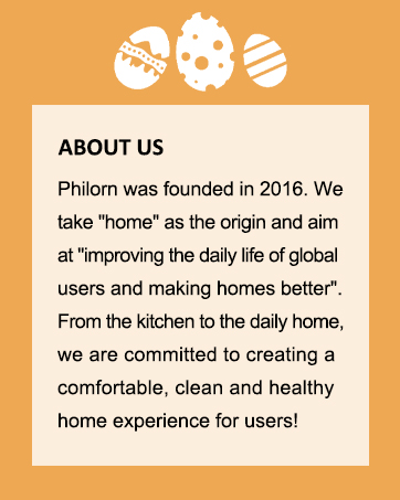 Orange background with decorative egg icons. Text box describes Philom company founded in 2016, focused on improving home experiences.