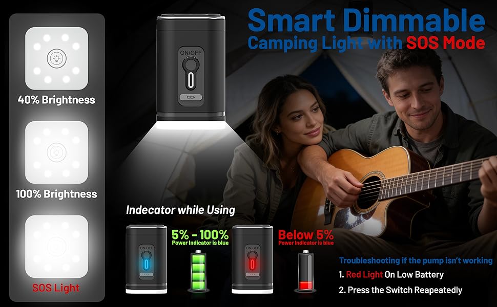 Camping lantern portable travel pump with dimmable tent light and SOS emergency mode