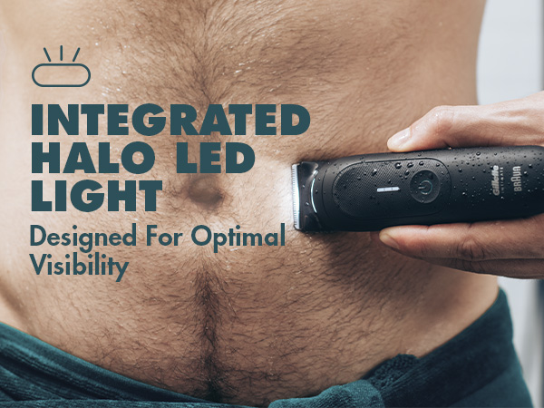 Man shaving belly with Gillette intimate trimmer, now with halo light function