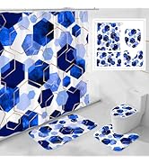 Litabel 4 Pcs Royal Blue Modern Geometric Shower Curtain Set with Non-Slip Rugs, Toilet Lid Cover...