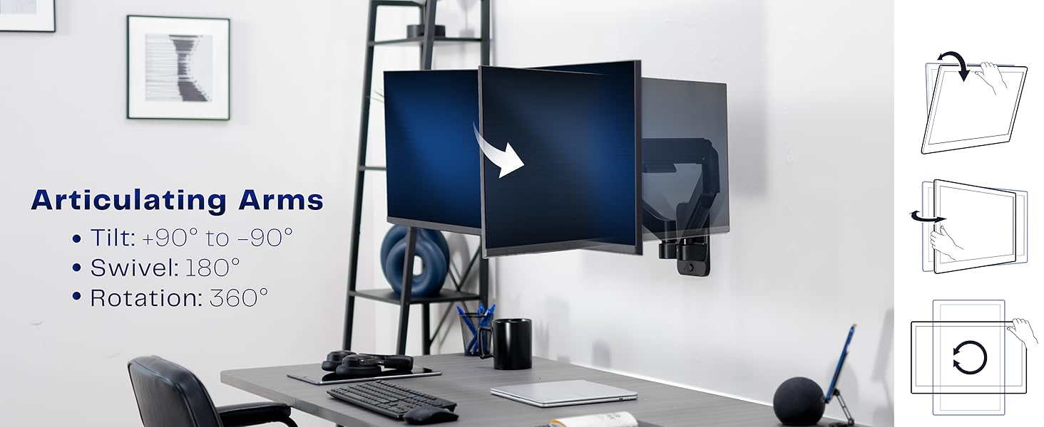 Monitor floating on wall above desk setup