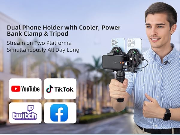 Dual Phone Holder with Cooler, Power Bank Clamp &amp; Tripod Stream on Two Platforms All Day Long