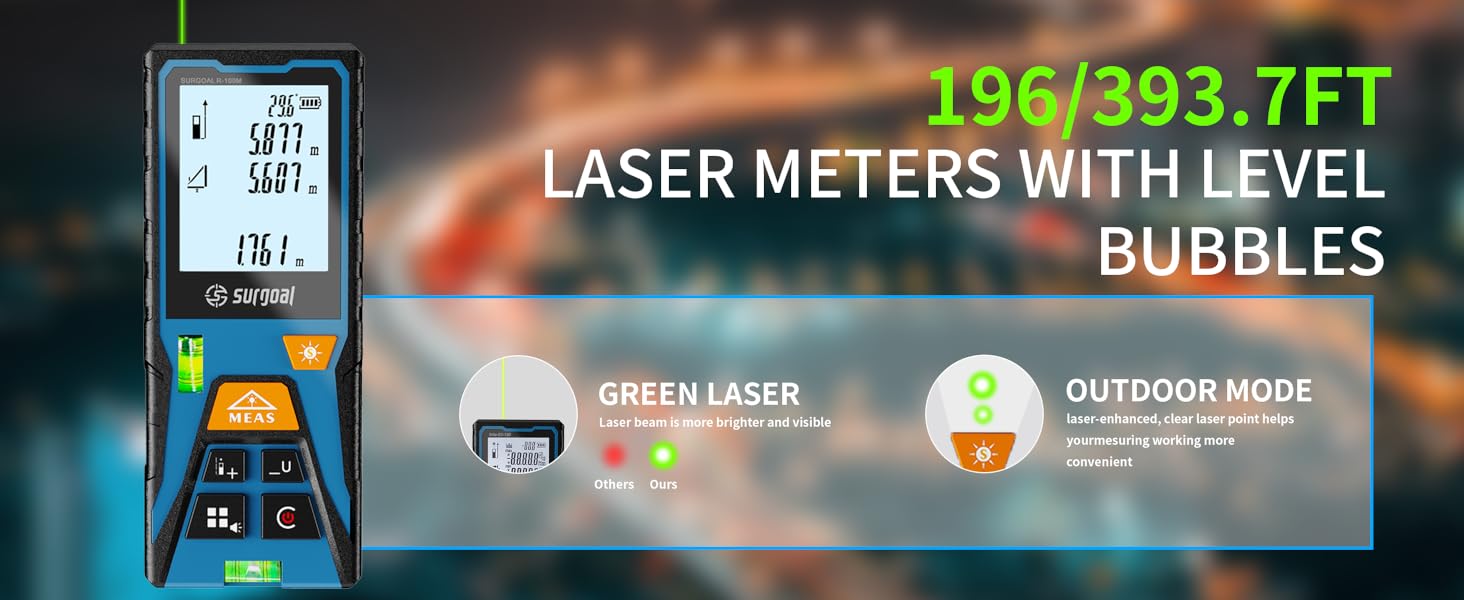 laser meters with level bubbles with green laser and outdoor mode