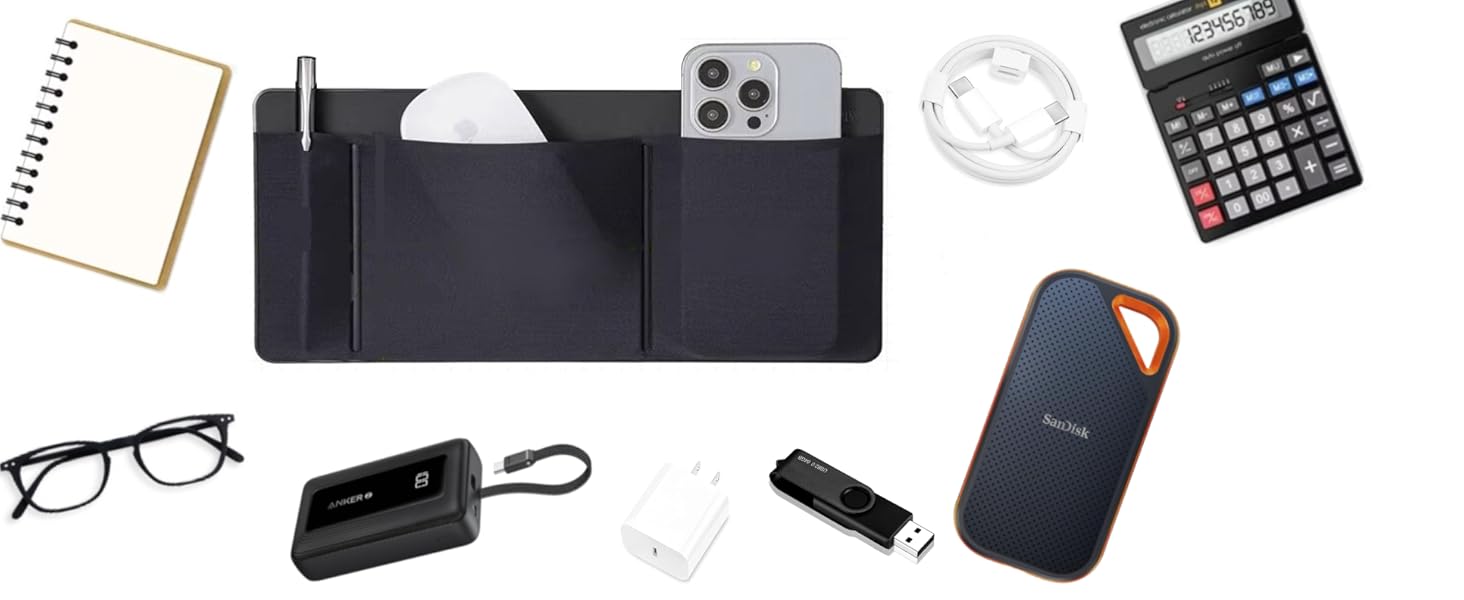 3-Pocket Stick-On Laptop Organizer with glasses, charger, SSD, cable, calculator &amp;amp;amp; USB drive