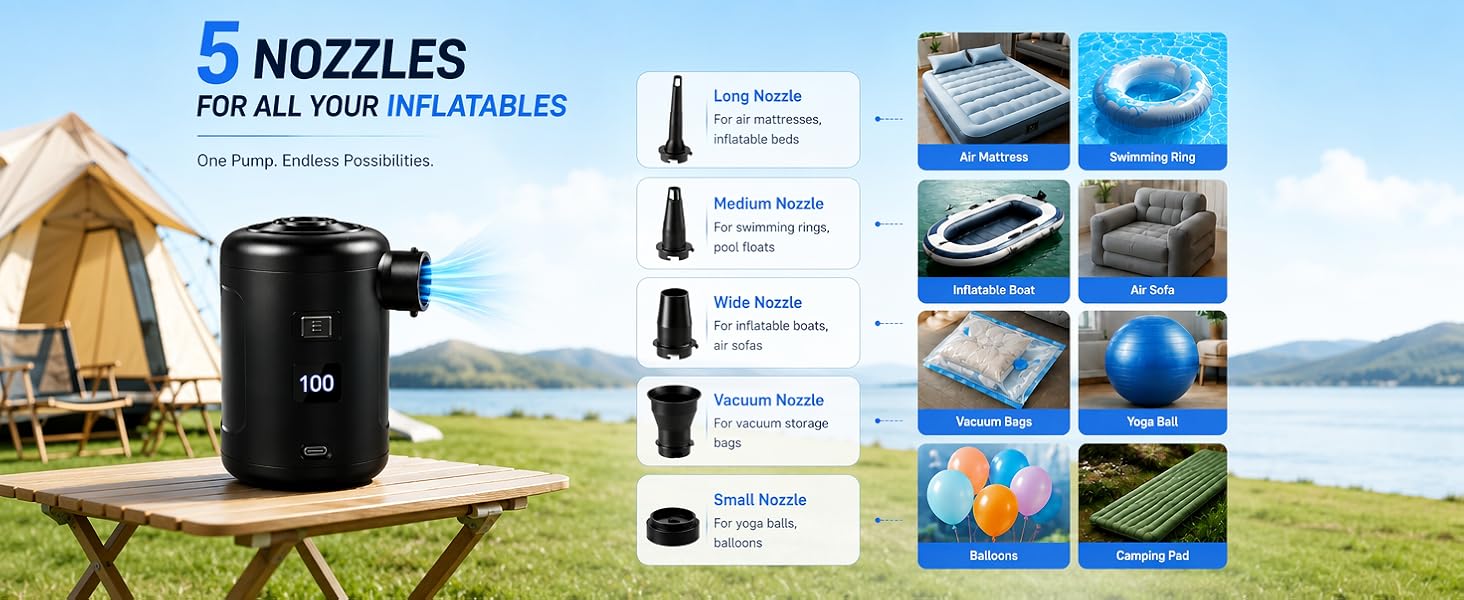 Portable air pump with five nozzle adapters compatible with air mattress swimming ring vacuum bags