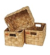 Bobovie Water Hyacinth Large Wicker Baskets, Set of 3, Handwoven Storage Organizer, Durable Recta...