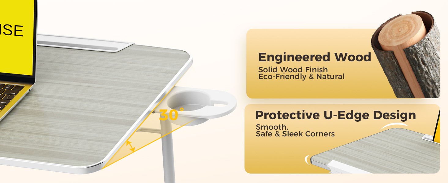 Close-up of tilting folding laptop table with smooth edge and engineered wood top.