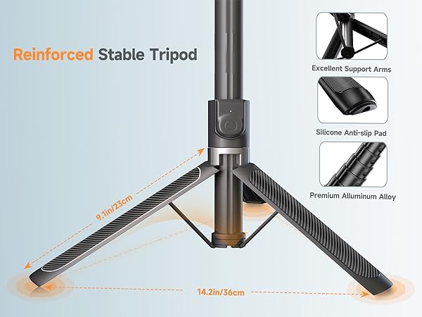 Reinforced stable tripod with 22in/56cm legs, featuring excellent support arms, silicone anti-slip pads, and premium aluminum alloy construction. Designed for stability and durability in various settings.