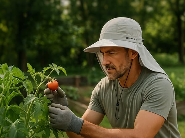 Man wearing TOP-EX sun hat with neck flap while gardening and harvesting tomatoes in backyard