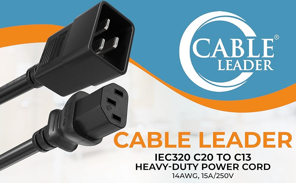 CableLeader 14 AWG 15A 250V Heavy Duty Power Cord, IEC320 C20 to IEC320 C13