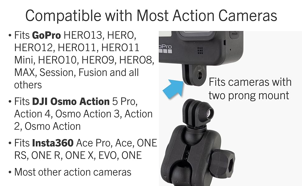 compatible with action cameras that use the two prong mounting system