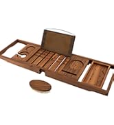Teak Bathtub Tray, Expandable Wooden Bath Tray for Tub with Wine and Book Holder, Solid Bathroom ...