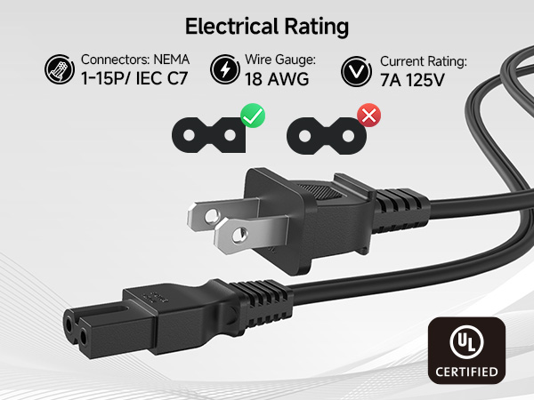 2 Pack 2 Prong Vizio TV Power Cord Replacement 6 ft, PS2 Power Cord