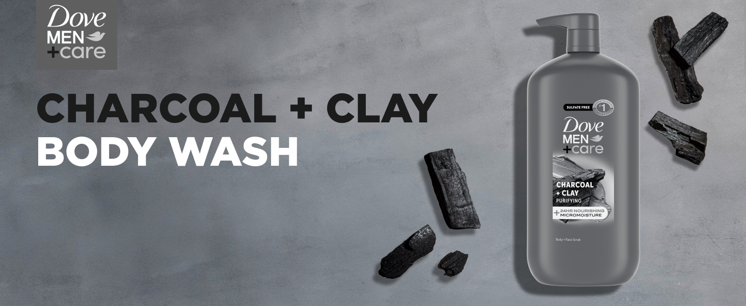Image of Dove Men+Care CHARCOAL + CLAY BODY WASH next to actual ingredients.