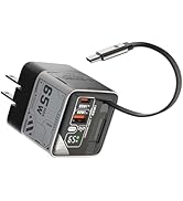 MFish 65W GaN Fast Wall Charger, USB C Charger Block Built-in 2.6ft Retractable USB-C Cable, USB-...