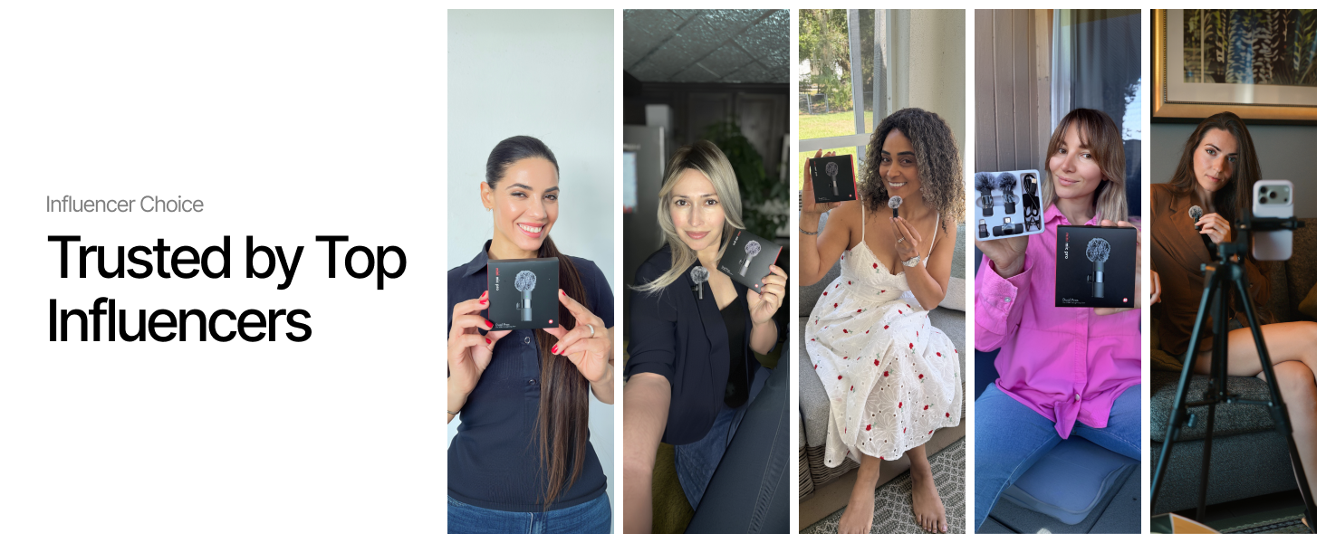 five content creators and influencers using mini mic pro wireless microphones while filming videos a