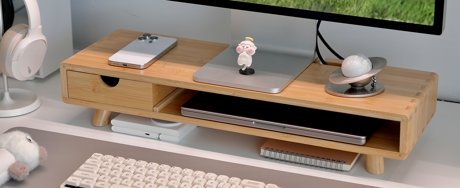 ROCDEER Bamboo Monitor Stand Riser with Drawer