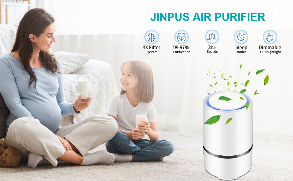 Text reads 'JINPUS AIR PURIFIER'. Product advertisement showing white cylindrical air purifier with icons indicating features, and lifestyle image of room setting.