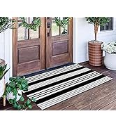 Striped Outdoor Porch Rug 24'' x 51''Black and White Front, Machine Washable Hand-Woven Indoor/Ou...