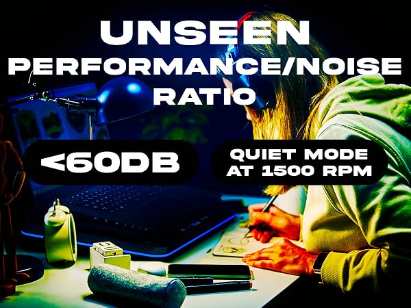 Text reads 'UNSEEN PERFORMANCE/NOISE RATIO <60DB QUIET MODE AT 1600 RPM'. Performance equipment setup with dramatic blue and yellow lighting.