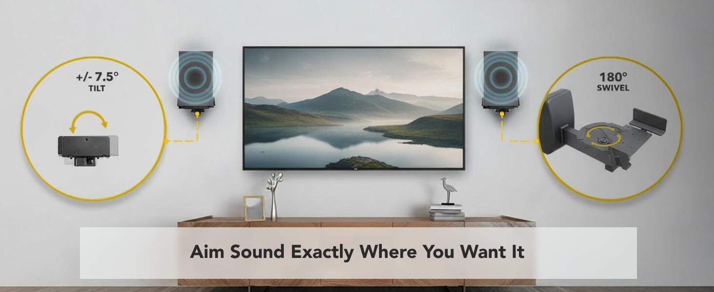 Angled speakers on wall mounts directing sound toward the listening area.