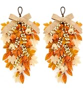 Knomeko Fall Teardrop Swag Wreath for Front Door Porch 2 Pack 24Inch | Velvet Pumpkin Maple Leave...