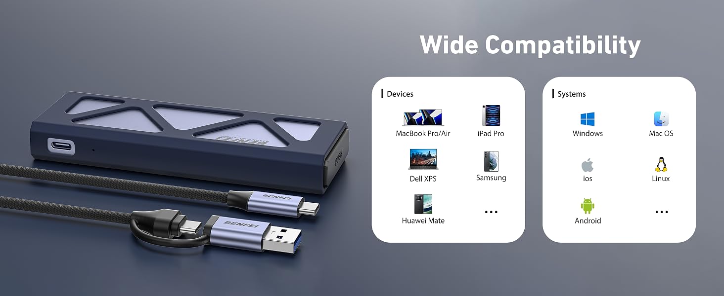 Black rectangular device with USB cable, showcasing wide compatibility with various electronic devices through illustrated icons representing different connection types and brands.