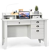 Tangkula White Computer Desk with 4 Storage Drawers &amp; Hutch, Home Office Desk Vintage Desk with S...