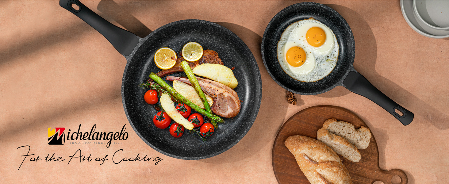 nonstick frying pan with silicone handle, ease of cleaning, works well on all cooktops, durable
